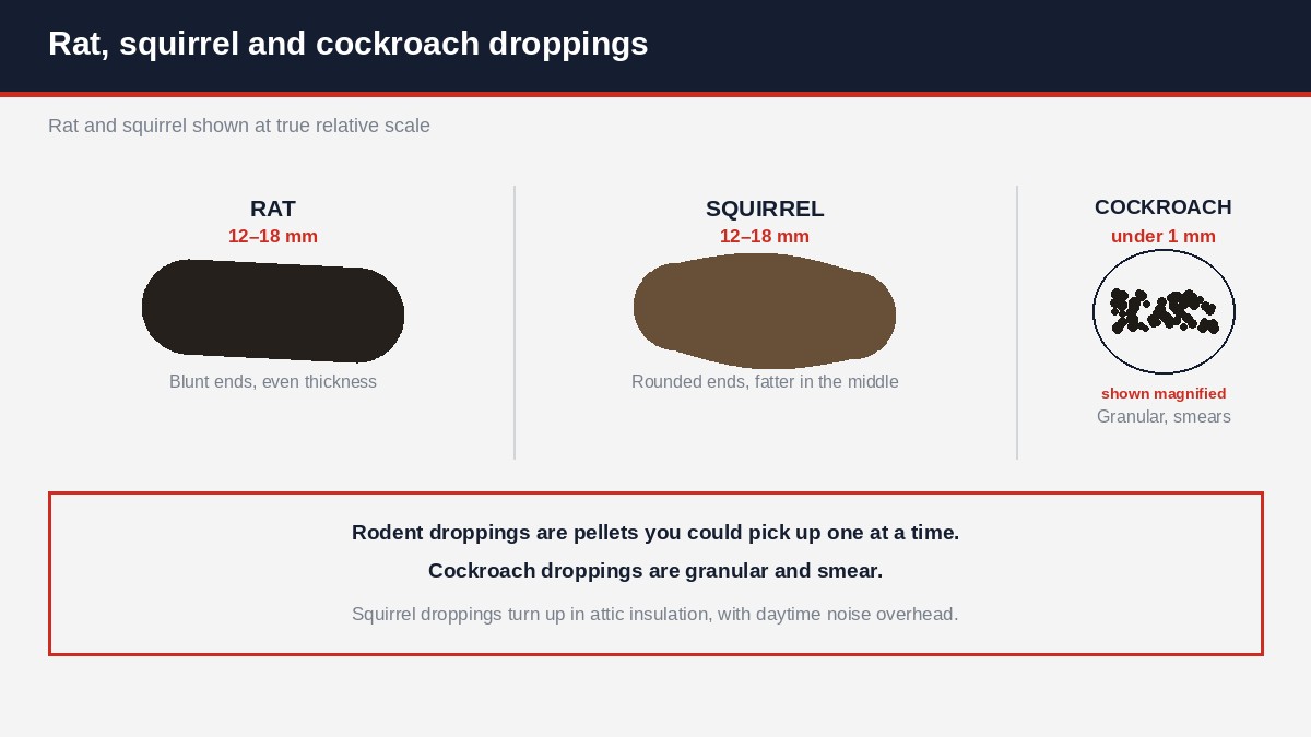 Rat droppings compared with squirrel droppings and magnified cockroach droppings for identification