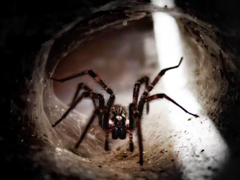A funnel-weaver spider waiting at the mouth of its silk funnel